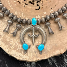Load image into Gallery viewer, 1960s Native American NAVAJO Sterling Squash Blossom Necklace Turquoise Naja