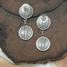 Load image into Gallery viewer, BUFFALO DANCER Taos Pueblo Coin Silver Mercury Dime Post Dangle Earrings