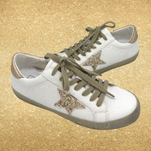 Load image into Gallery viewer, SHU SHOP Paula White Pre-Distressed Sneakers With Gold Glitter Stars NEW 8.5