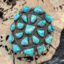 Load image into Gallery viewer, 1960s Native American NAVAJO Sterling & Morenci Turquoise Cluster Cuff Bracelet