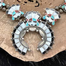 Load image into Gallery viewer, 1950s Native American ZUNI Sterling Multi-Stone Sunface Station Necklace Naja