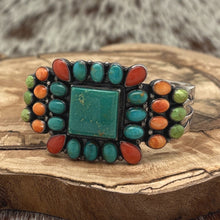 Load image into Gallery viewer, DON LUCAS Sterling Silver & Turquoise Coral Gaspeite Spiny Cluster Cuff Bracelet