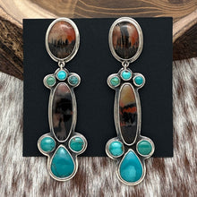 Load image into Gallery viewer, FEDERICO JIMENEZ Sterling Petrified Wood & Turquoise Statement Dangle Earrings