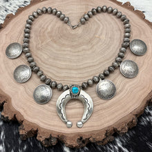 Load image into Gallery viewer, 1970s Native American NAVAJO Silver Turquoise Naja Necklace Morgan Dollar Coins
