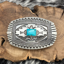 Load image into Gallery viewer, 1980s Native American NAVAJO Sterling & Turquoise Blanket Pattern Belt Buckle