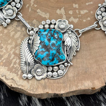 Load image into Gallery viewer, SAM PIASO Navajo Sterling & Morenci Turquoise Station Necklace Flowers Leaves