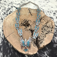 Load image into Gallery viewer, 1970s NAVAJO Sterling Silver Turquoise & Coral Chip Inlay Peyote Bird Necklace