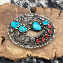 Load image into Gallery viewer, 1970s ELAINE SAM Navajo Sterling Turquoise & Coral Belt Buckle Leaves Curly Ques