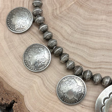 Load image into Gallery viewer, 1970s Native American NAVAJO Silver Turquoise Naja Necklace Morgan Dollar Coins