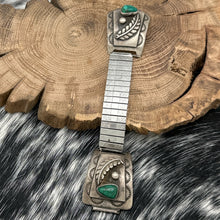 Load image into Gallery viewer, 1950s Native American NAVAJO Sterling & Green Turquoise Watch Tips With Band
