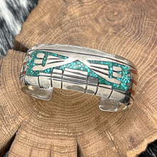 Load image into Gallery viewer, DELVIN NELSON Navajo Sterling Turquoise & Coral Chip Inlay Cuff Bracelet Wings
