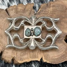 Load image into Gallery viewer, 1980s Native American NAVAJO Sandcast Silver New Lander Turquoise Belt Buckle