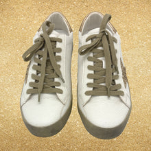 Load image into Gallery viewer, SHU SHOP Paula White Pre-Distressed Sneakers With Gold Glitter Stars NEW 8.5