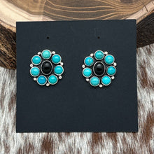 Load image into Gallery viewer, FEDERICO JIMENEZ Sterling Silver Turquoise & Onyx Cluster Flower Post Earrings