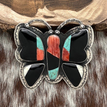 Load image into Gallery viewer, FEDERICO JIMENEZ Sterling Silver Jet Turquoise Spiny & Howlite Butterfly Pin