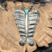 Load image into Gallery viewer, 1930s Native American NAVAJO Sterling Silver & Turquoise Elongated Butterfly Pin