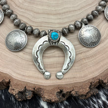 Load image into Gallery viewer, 1970s Native American NAVAJO Silver Turquoise Naja Necklace Morgan Dollar Coins
