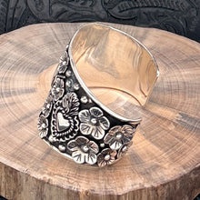 Load image into Gallery viewer, THE BOYZ SILVER Mexico Sterling Silver Cuff Bracelet Sacred Hearts & 3-D Flowers