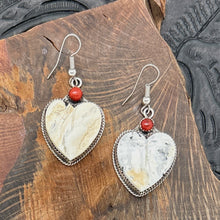 Load image into Gallery viewer, BUFFALO DANCER Taos Pueblo Sterling Silver & White Buffalo Heart Earrings Coral