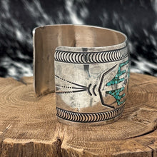 Load image into Gallery viewer, GIBSON GENE Navajo Sterling Turquoise & Coral Chip Inlay Cuff Bracelet Blanket