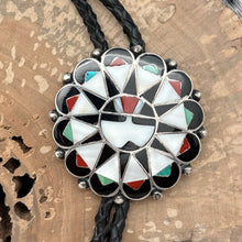 Load image into Gallery viewer, 1950s Native American ZUNI Sterling Silver Multi-Stone Inlay Sunface Bolo Tie