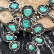 Load image into Gallery viewer, 1960s Native American NAVAJO Sterling & Green Turquoise Squash Blossom Necklace