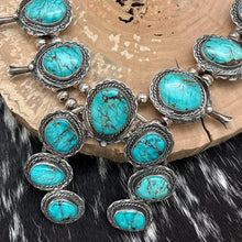 Load image into Gallery viewer, 1970s Native American NAVAJO Sterling & Turquoise Large Squash Blossom Necklace
