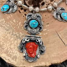 Load image into Gallery viewer, THE NAVAJO HOGAN Carl Luthey Sterling Persian Turquoise & Coral Cameo Necklace