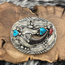 Load image into Gallery viewer, 1970s Native American NAVAJO Sterling Silver Turquoise Coral & Claw Belt Buckle