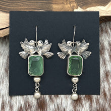Load image into Gallery viewer, FEDERICO JIMENEZ Sterling Silver & Light Green Glass Love Birds Drop Earrings