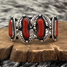 Load image into Gallery viewer, 1970s Native American NAVAJO Sterling Silver 4-Stone Coral Cuff Bracelet Leaves
