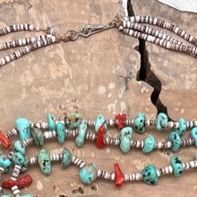 Load image into Gallery viewer, 1970s Native American SANTO DOMINGO Turquoise Coral Heishi 3-Strand Necklace
