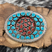 Load image into Gallery viewer, 1970s Native American NAVAJO Sterling Turquoise Coral Cluster Belt Buckle Spins