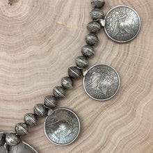Load image into Gallery viewer, 1970s Native American NAVAJO Silver Turquoise Naja Necklace Morgan Dollar Coins