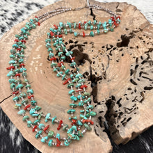 Load image into Gallery viewer, 1970s Native American SANTO DOMINGO Turquoise Coral Heishi 3-Strand Necklace