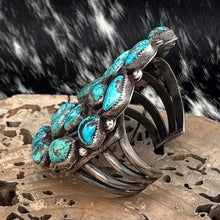 Load image into Gallery viewer, 1960s Native American NAVAJO Sterling & Morenci Turquoise Cluster Cuff Bracelet