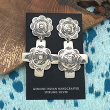 Load image into Gallery viewer, Native American NAVAJO Sterling Silver Concho & 4-Way Cross Post Dangle Earrings