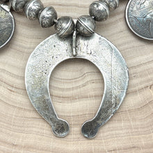Load image into Gallery viewer, 1970s Native American NAVAJO Silver Turquoise Naja Necklace Morgan Dollar Coins