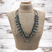 Load image into Gallery viewer, 1930s-1940s NAVAJO Sterling & Turquoise Squash Blossom Necklace Shadowbox Loops
