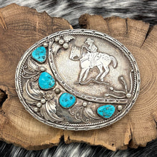 Load image into Gallery viewer, 1960s Native American NAVAJO Sterling Silver Turquoise Belt Buckle Cowboy Horse