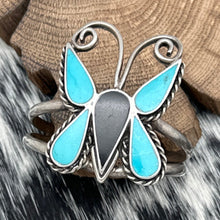 Load image into Gallery viewer, 1970s Native American ZUNI Sterling Turquoise Onyx Large Butterfly Cuff Bracelet