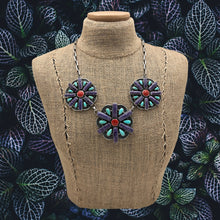 Load image into Gallery viewer, BETTY TOM Navajo Sterling Charoite Turquoise Spiny 3-Station Flower Necklace