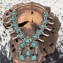 Load image into Gallery viewer, WILSON BAHE Navajo Sterling Silver & Kingman Turquoise Squash Blossom Necklace