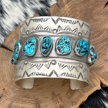 Load image into Gallery viewer, TAWNEY WILLIE Navajo / Sioux Sterling & Kingman Turquoise Wide Cuff Bracelet