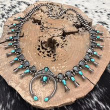 Load image into Gallery viewer, 1930s-1940s NAVAJO Sterling & Turquoise Squash Blossom Necklace Shadowbox Loops