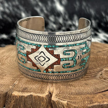 Load image into Gallery viewer, GIBSON GENE Navajo Sterling Turquoise & Coral Chip Inlay Cuff Bracelet Blanket