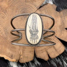 Load image into Gallery viewer, SOUTHWEST STYLE Sterling Silver Cuff Bracelet With Tall Ship Scrimshaw Cabochon