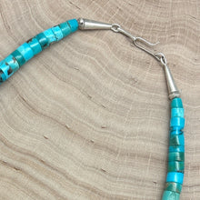Load image into Gallery viewer, 1990s NATIVE AMERICAN Sterling Silver Turquoise Graduated Heishi 5 Tab Necklace