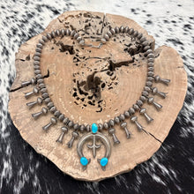 Load image into Gallery viewer, 1960s Native American NAVAJO Sterling Squash Blossom Necklace Turquoise Naja