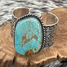Load image into Gallery viewer, JUAN G For CHIMNEY BUTTE Navajo Sterling Mine No 8 Turquoise Large Cuff Bracelet